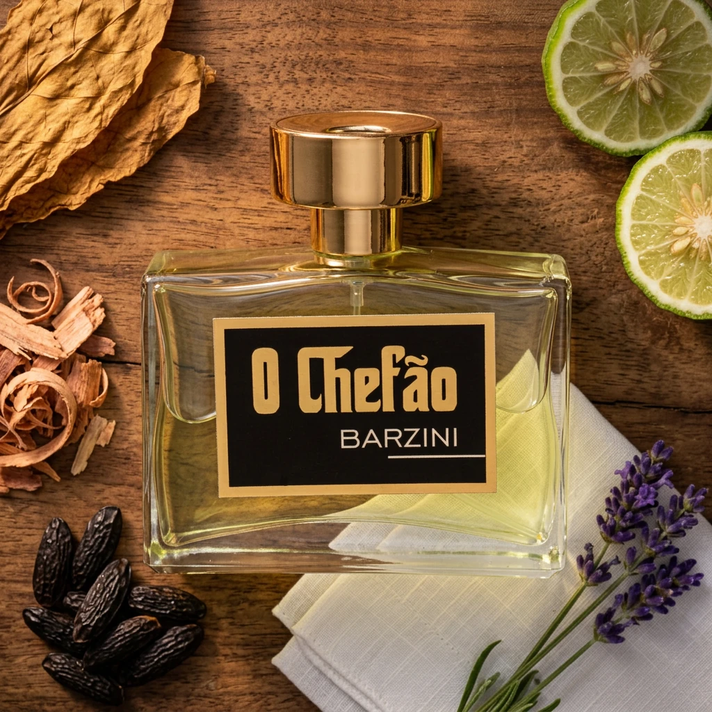 Perfume O Chefão Barzini sobre nogueira com folhas de tabaco, lascas de cedro, fava tonka e lavanda