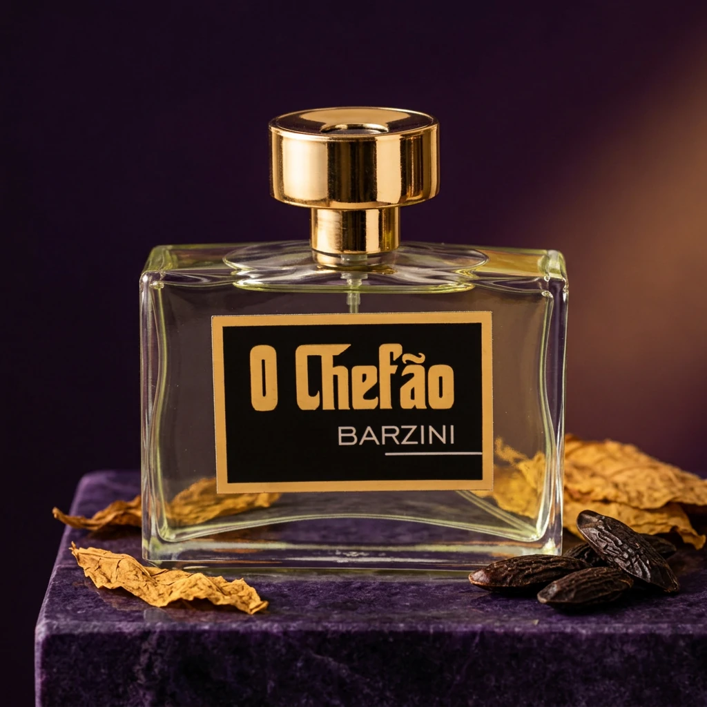 Perfume O Chefão Barzini em fundo roxo e dourado com folhas de tabaco e fava tonka