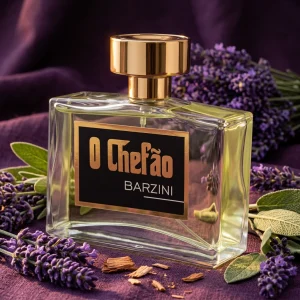 Perfume O Chefão Barzini entre ramos de lavanda sobre linho roxo ao entardecer
