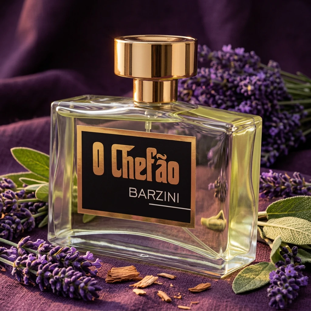 Perfume O Chefão Barzini entre ramos de lavanda sobre linho roxo ao entardecer