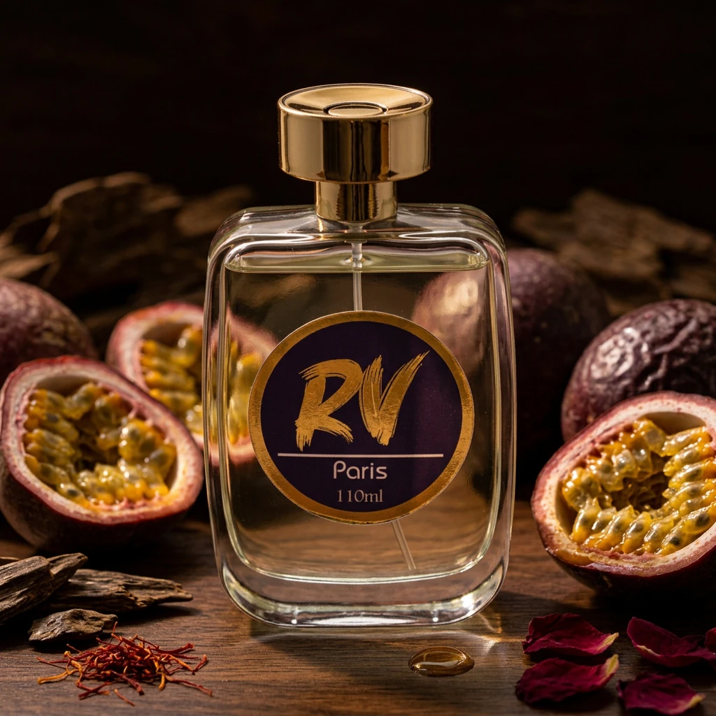 Perfume RV Paris 110 ml da RV Cosméticos com maracujá, lascas de oud, açafrão e pétalas de rosa sobre madeira escura